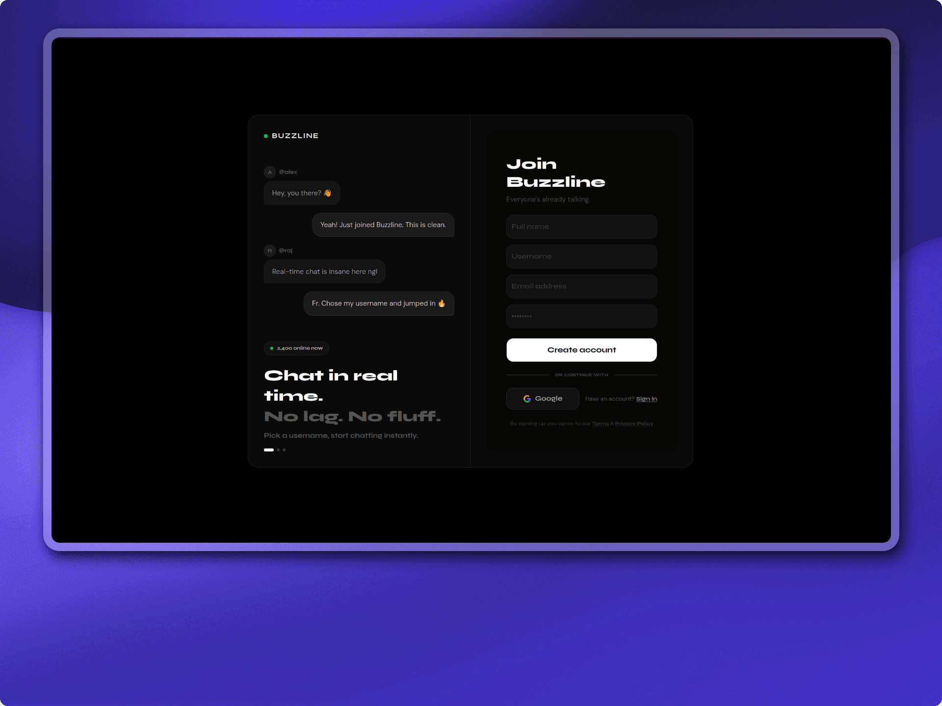 BuzzLine chat interface with conversation list and message thread