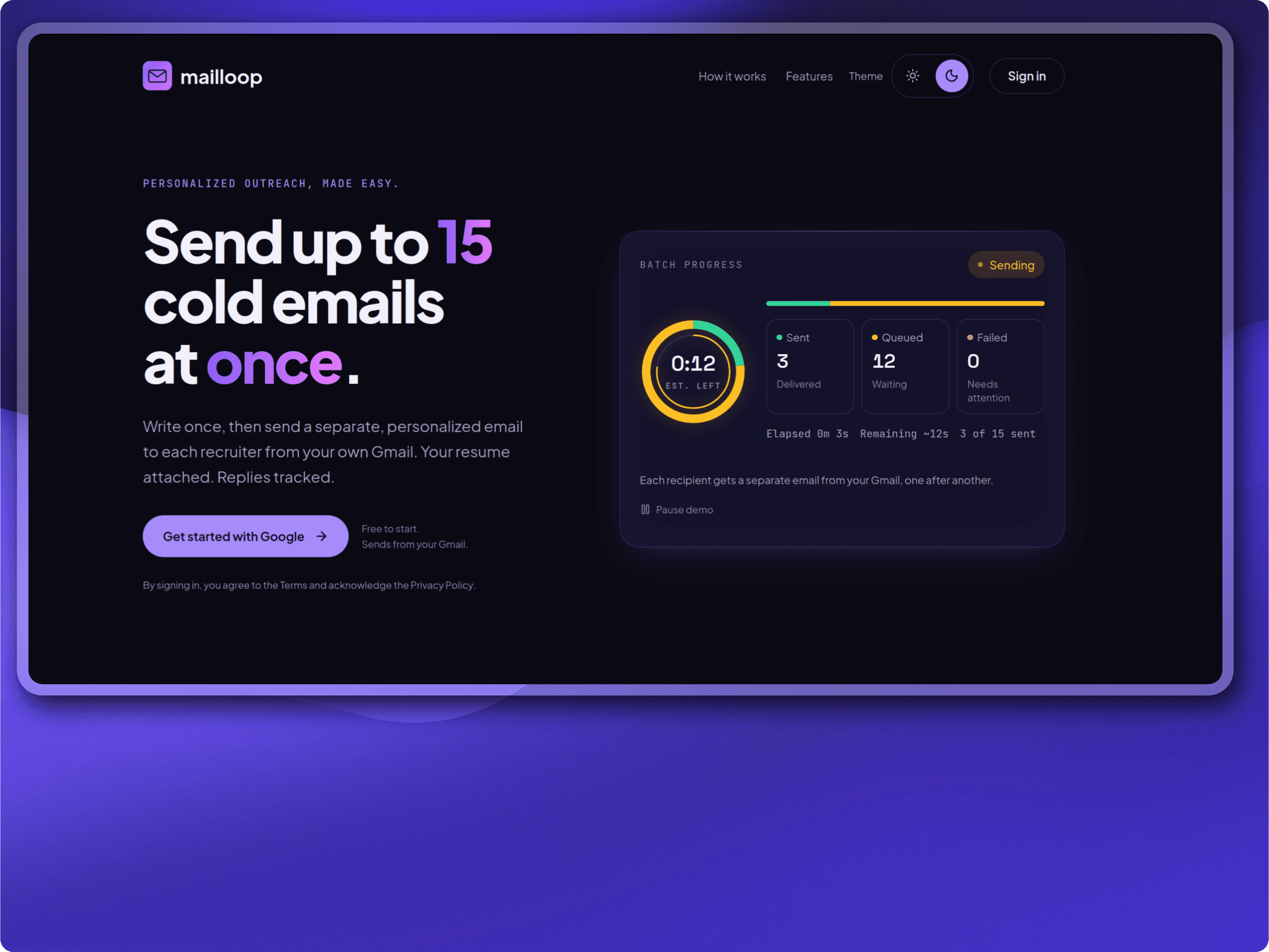MailLoop landing page showing personalized Gmail outreach and a batch delivery progress demo
