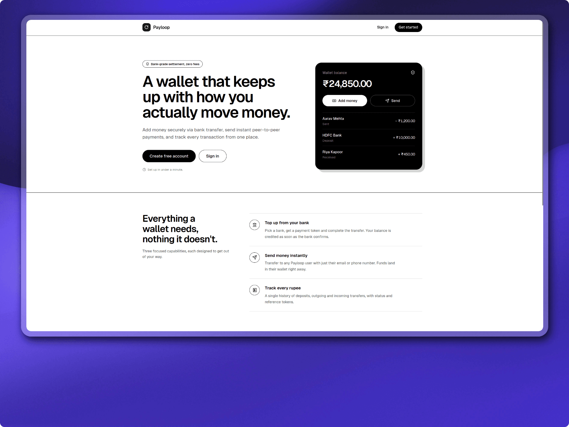 Payloop wallet dashboard showing balance, transactions and transfer actions