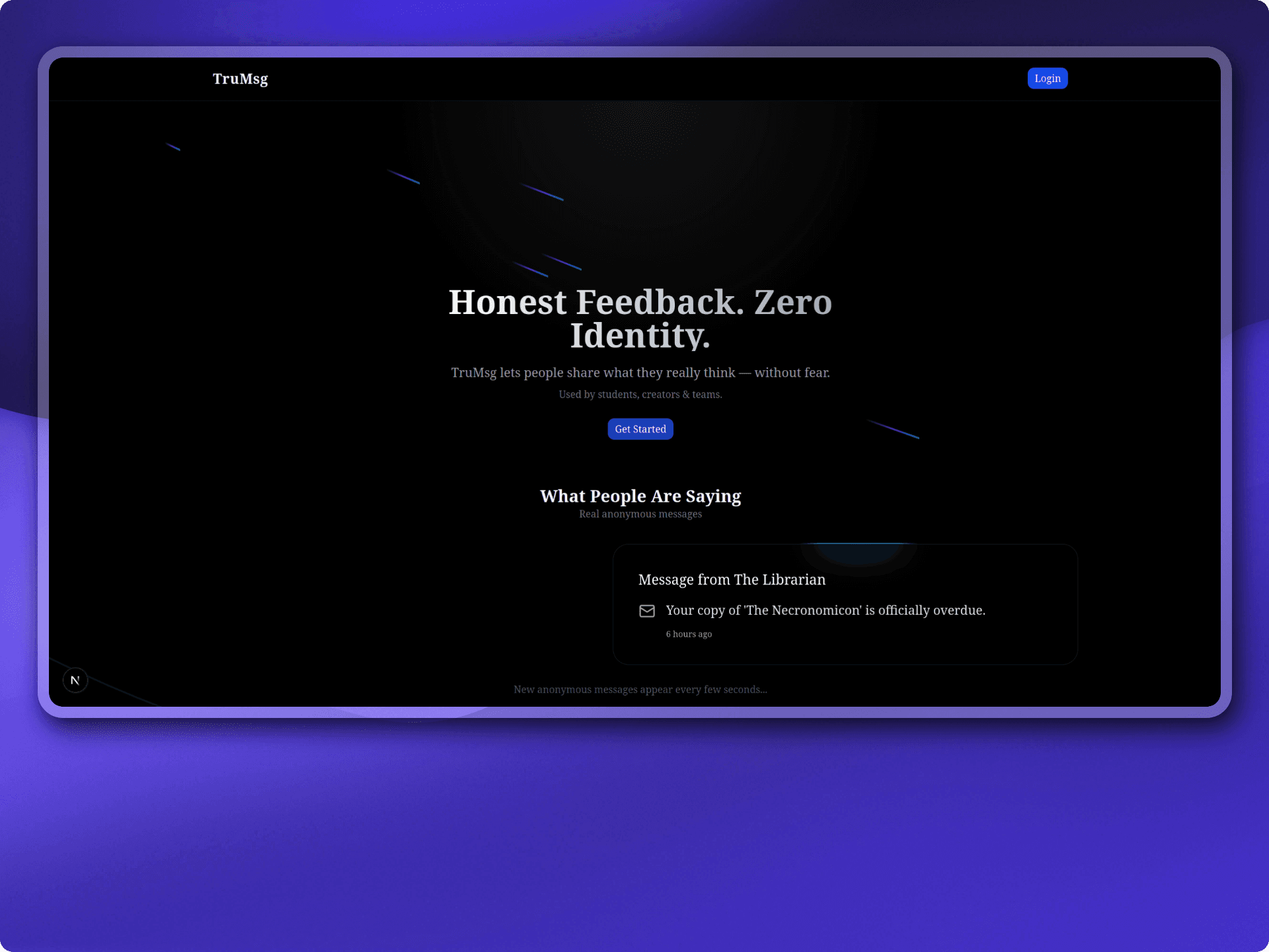 TruMsg home page with an anonymous feedback hero and message carousel
