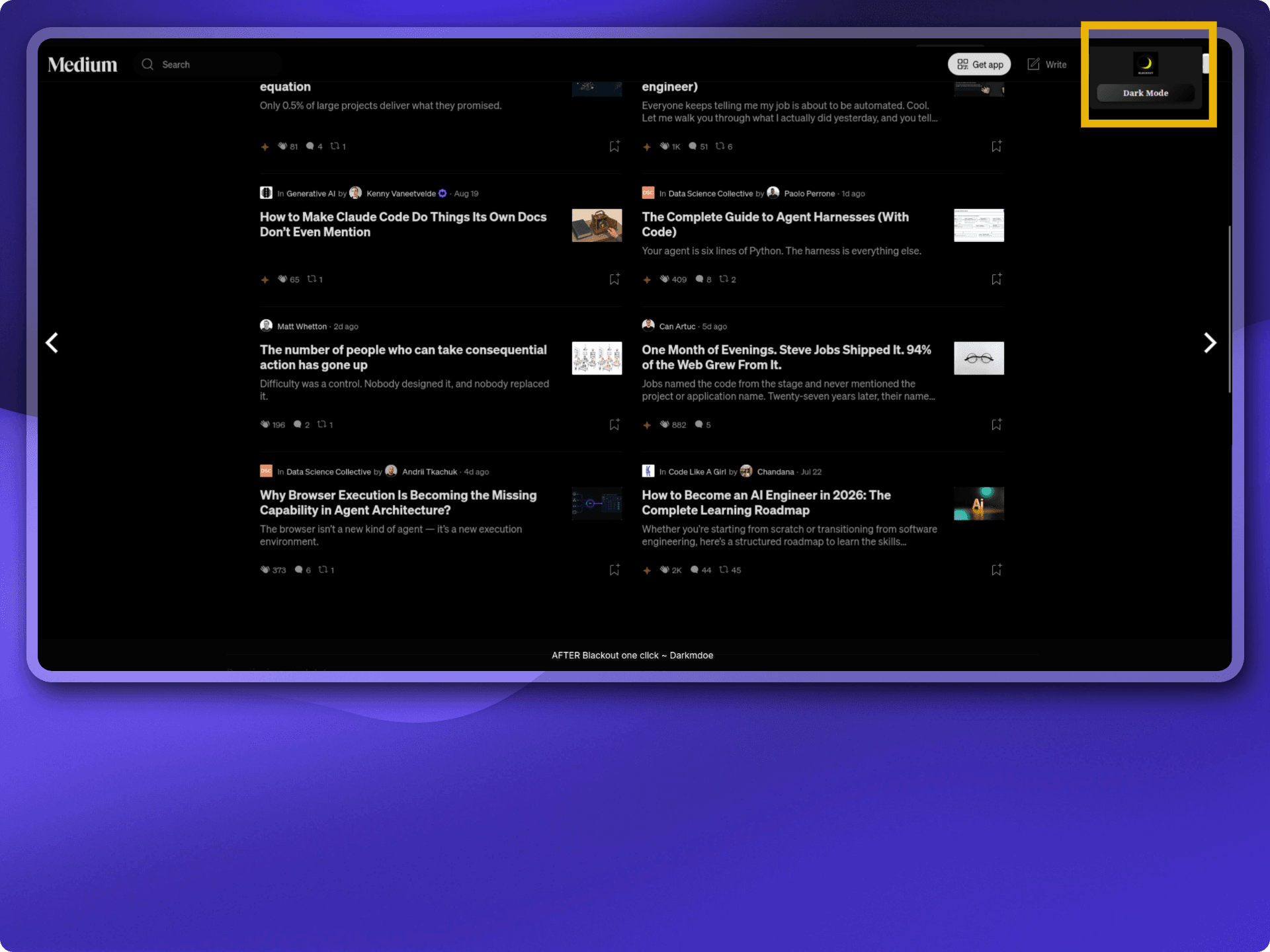 Blackout extension popup with a dark mode toggle switch