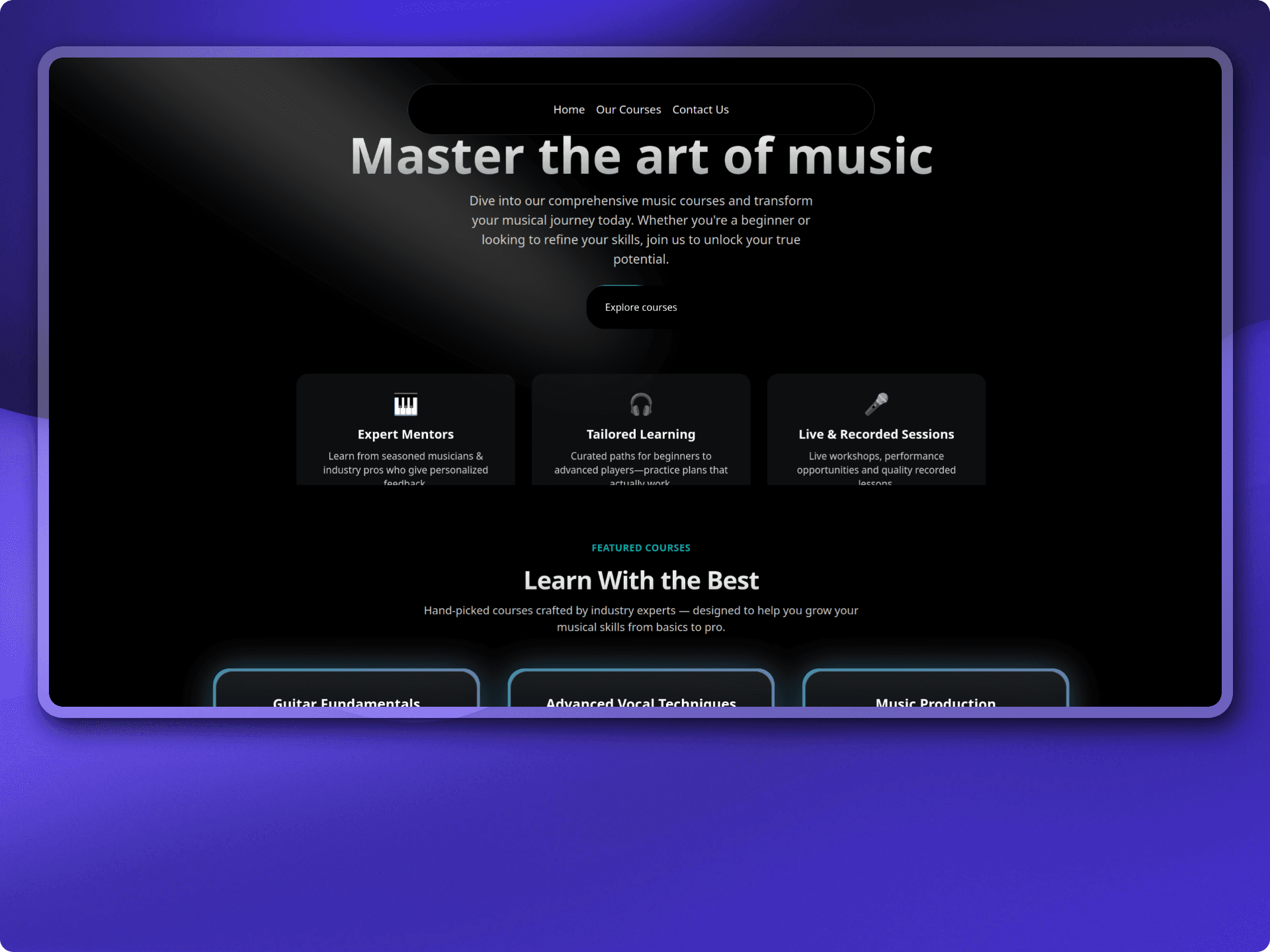 MusicMentor home page with hero section and featured music courses