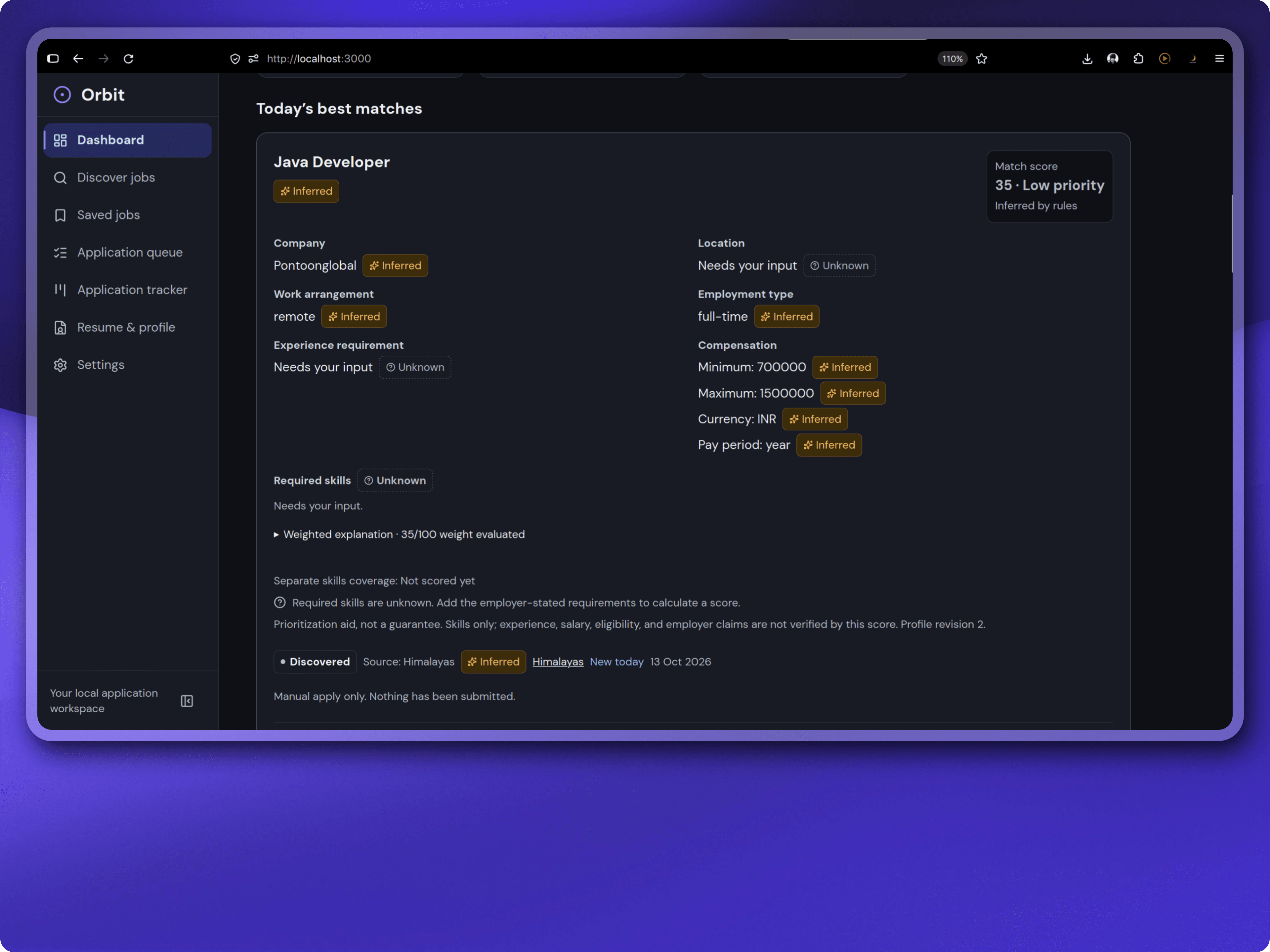 Orbit job search dashboard showing job matches, application tracking and follow-ups