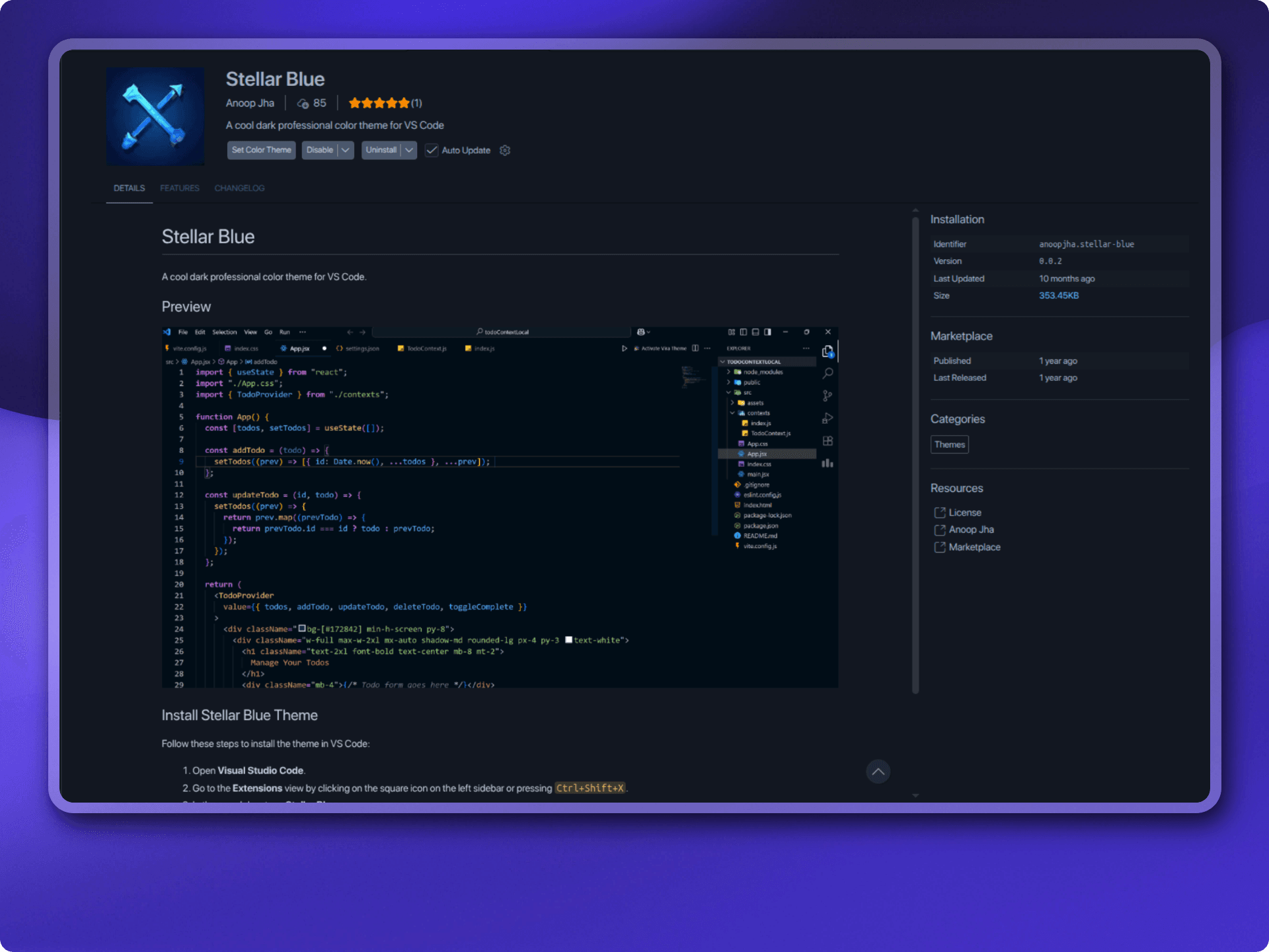 Stellar Blue VS Code theme showing syntax-highlighted code in the editor